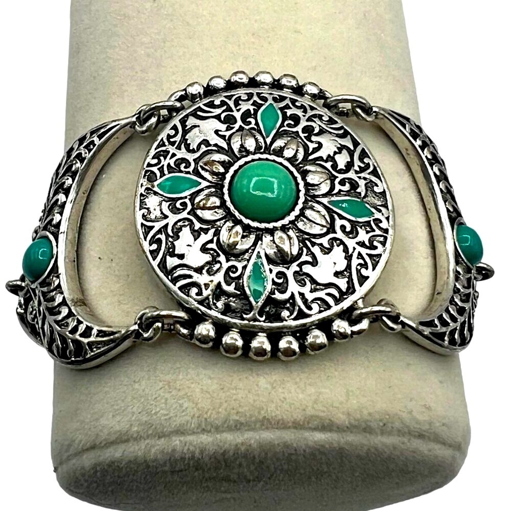 Silver Tone & Faux Turquoise Floral Filigree Bracelet A21 - Picture 3 of 10